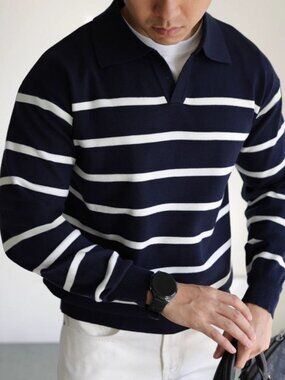 Navy Blue Casual Men's Loose Striped Drop Shoulder Knit Sweater